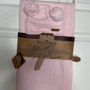 New Bearpaw Pink Dot Baby Blanket & Pom Pom Beanie Hat2 pc Gift Set